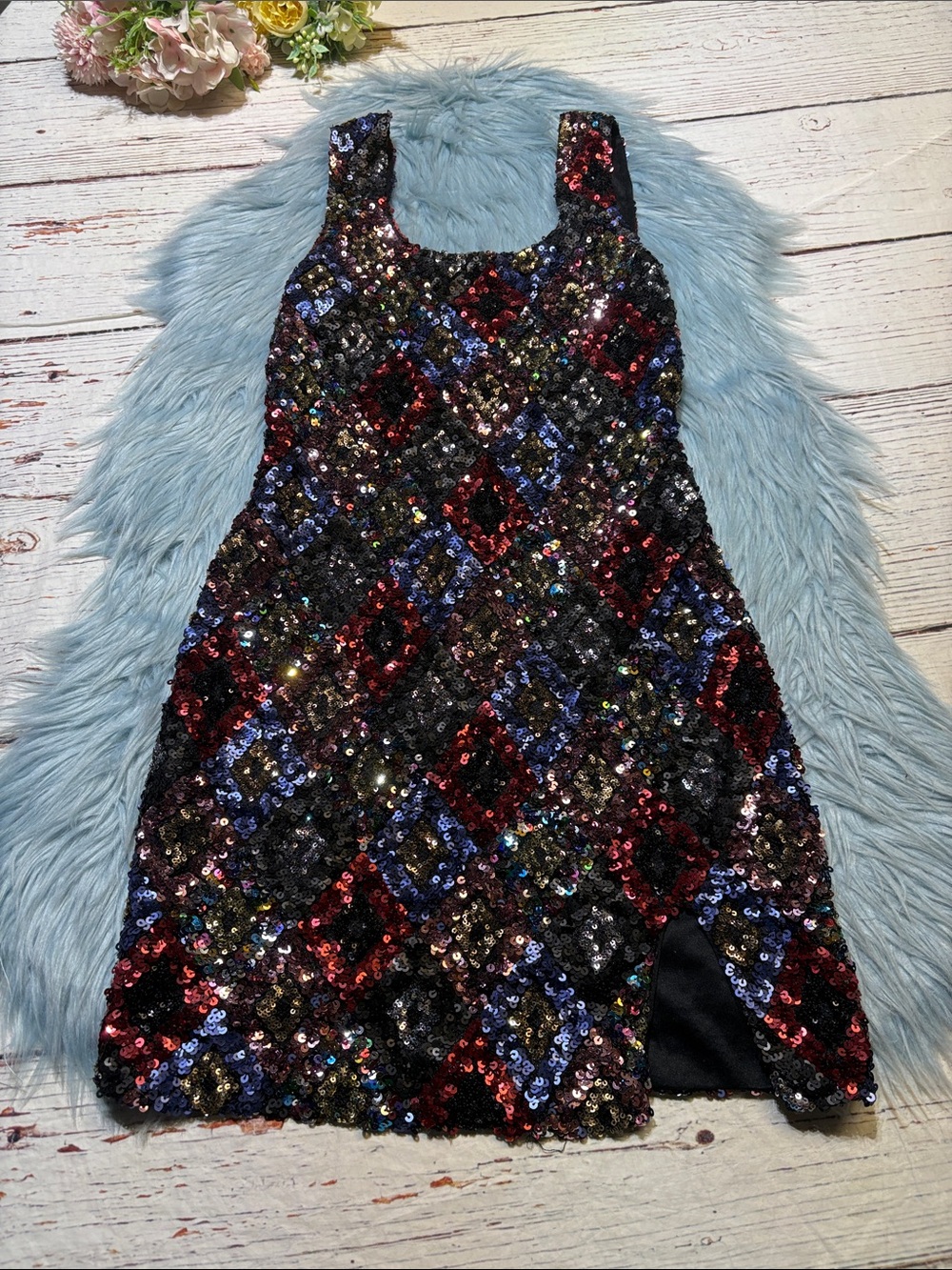 Black Sequin Diamond-Pattern Party Mini Dress sz S